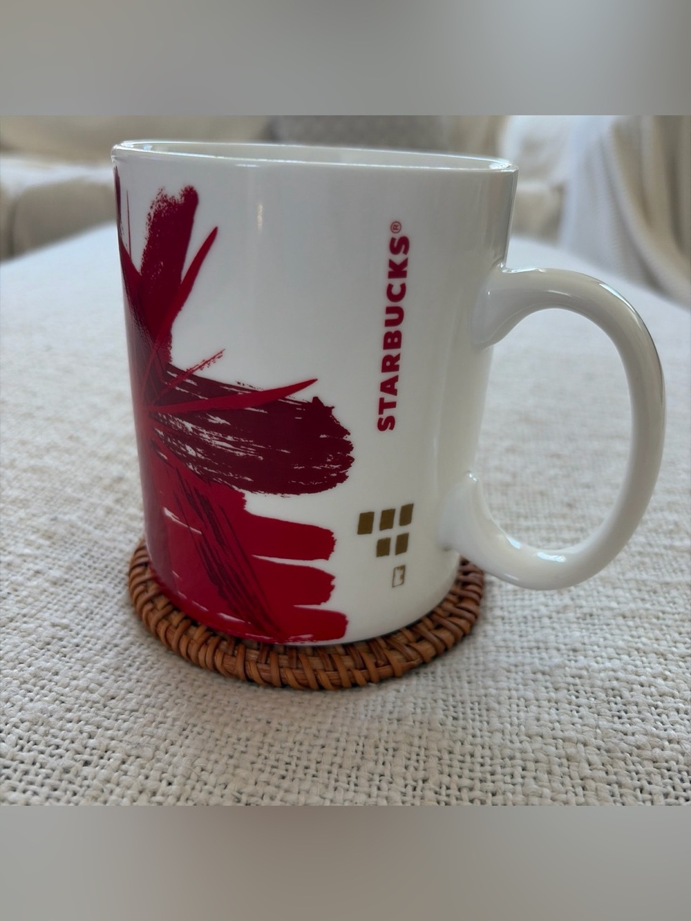Starbucks White and Red Ceramic Mug with Brushstroke Floral Motif